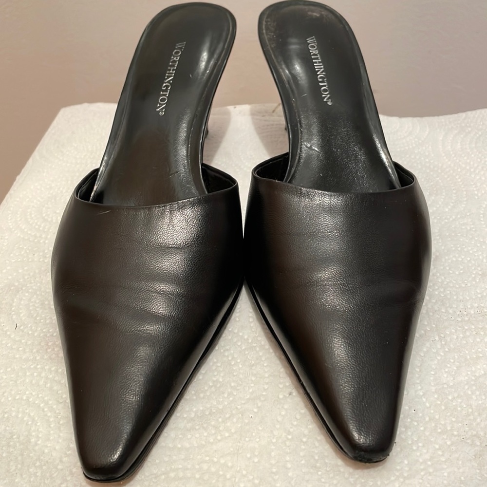 Black leather mules